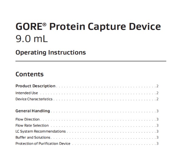 Document image: GORE Protein Capture Device for Early Clinical Applications, 9.0mL (PROA103) - Operating Instructions